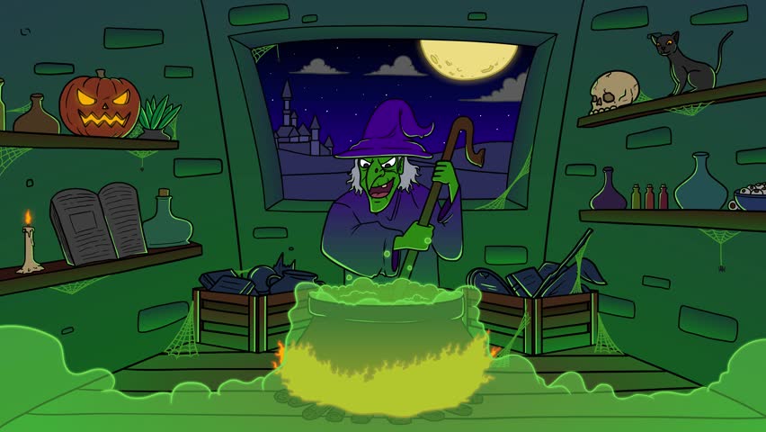Ugly Witch Stirring Magic Pot Inside A Scary Spooky Castle