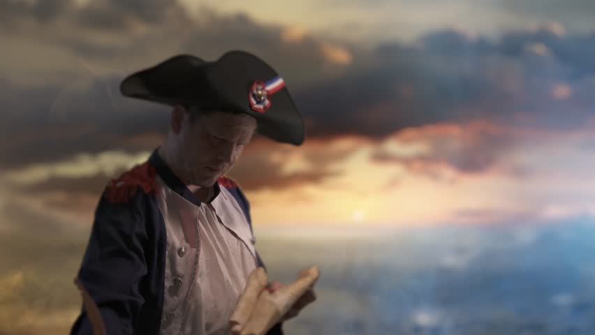 the historical portrait of Napoleon  Bonaparte on background of the 
battlefield