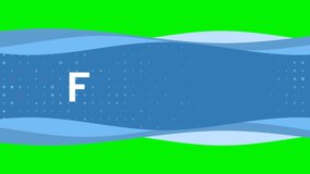 Animation of blue banner waves movement with white capital letter F symbol on the left. On the background there are small white shapes. Seamless looped 4k animation on chroma key background