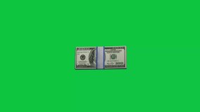 3d single 100 dollar stack, money bundle seamless rotating loop animation isolated on green screen background 4k video