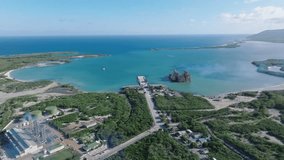 Floating power plant of MV Karadeniz Powership Irem Sultan, Azua in Dominican Republic. Aerial drone panoramic view and space for copy
