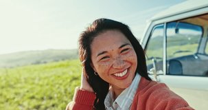Video call, road trip and an asian woman in the countryside for travel, freedom or adventure in summer. Portrait, smile and a happy young person outdoor in nature as a tourist to explore on vacation