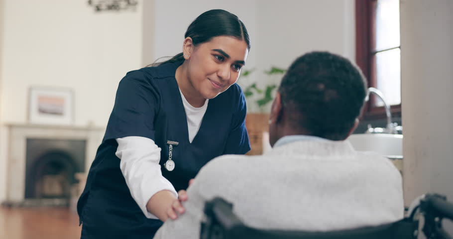 Medical, smile and a volunteer talking to an old woman in a wheelchair for trust, care or assistance. Healthcare, support and a happy young nurse chatting to a senior patient with a disability Royalty-Free Stock Footage #1109713367