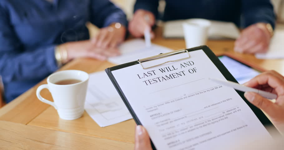Closeup, people and hands for document, testament or contract for insurance, last will and meeting in home. Planning, funeral or death of preparation for healthcare at table, tea and elderly couple