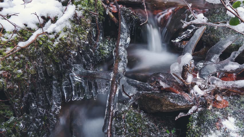 A frozen stream in the Bohemian Forest 01 - timelapse in long exposure	 4K