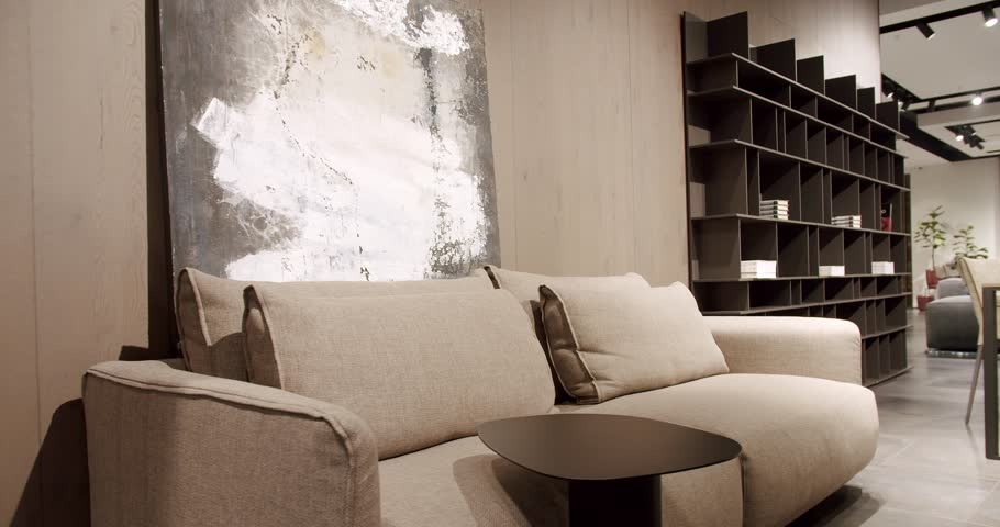 Modern Living Room Interior With Comfortable Sofa. Modern gray beige sofa . Minimalist and Cosy House. Luxury Apartment. Modern Furniture in cozy Penthouse. Modern and Simple Sofa.