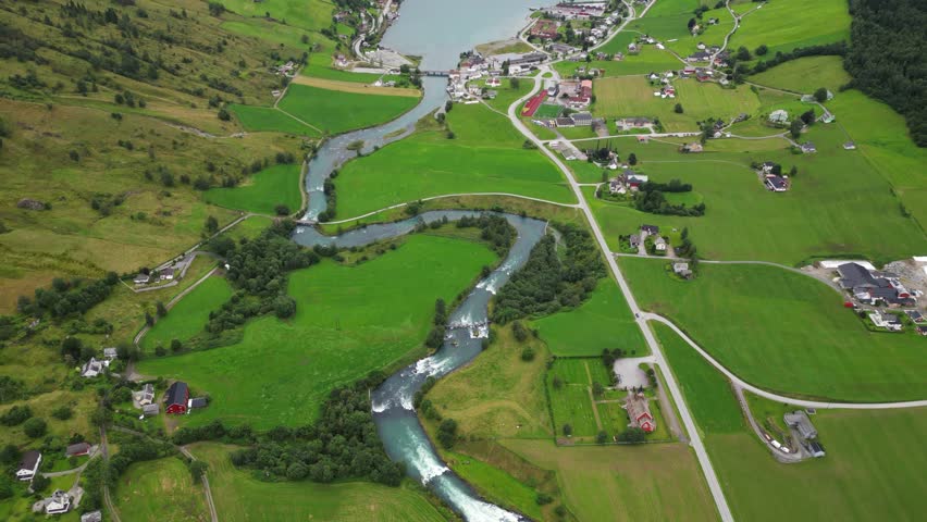 Olden River, Village and Cruise Ship in Nordfjord, Vestland, Norway, Scandinavia - Aerial