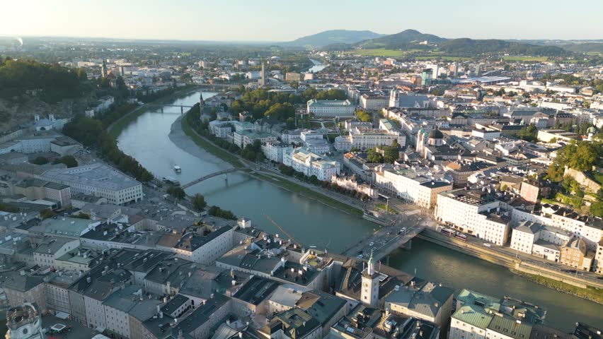 Salzach River and Mirabell Palace in Salzburg, Austria - Beautiful Drone Flight