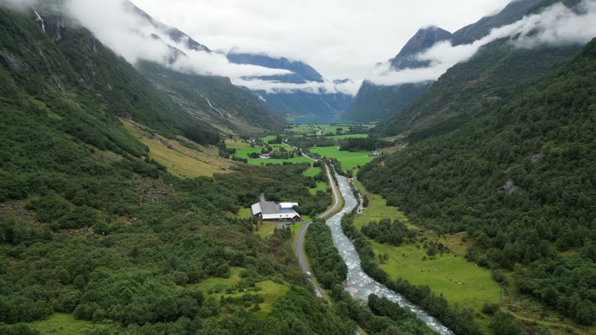 Scenic Road from Oldevatnet Lake to Briksdal Glacier (part of Jostedalsbreen) in Norway - Aerial