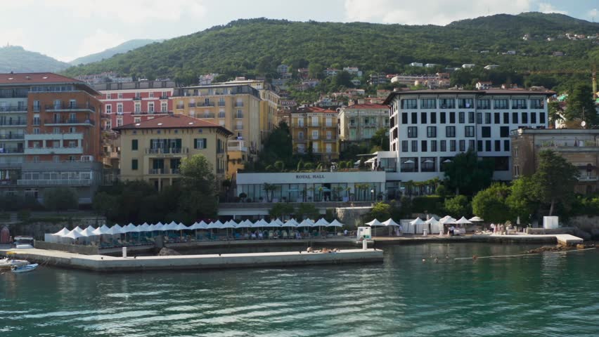Croatian Coastal Town On The Adriatic Sea - Opatija Resorts Beach Holiday In Croatia. Panning Shot