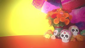 Altar de día de muertos, day of the dead altar, mesa con flores y calaberas, table with flowers and skulls