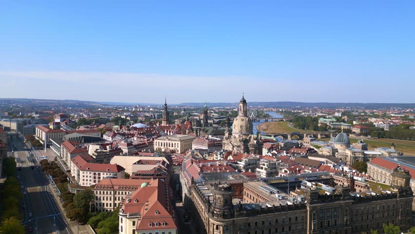 Nice aerial top view flight drone. Dresden church Frauenkirche Germany summer
