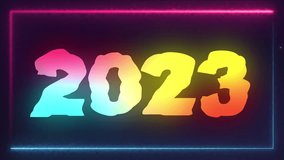 New year colorful neon lights 2023 displayed in blue and pink laser or fluorescent light showing a box pattern on a black background.
