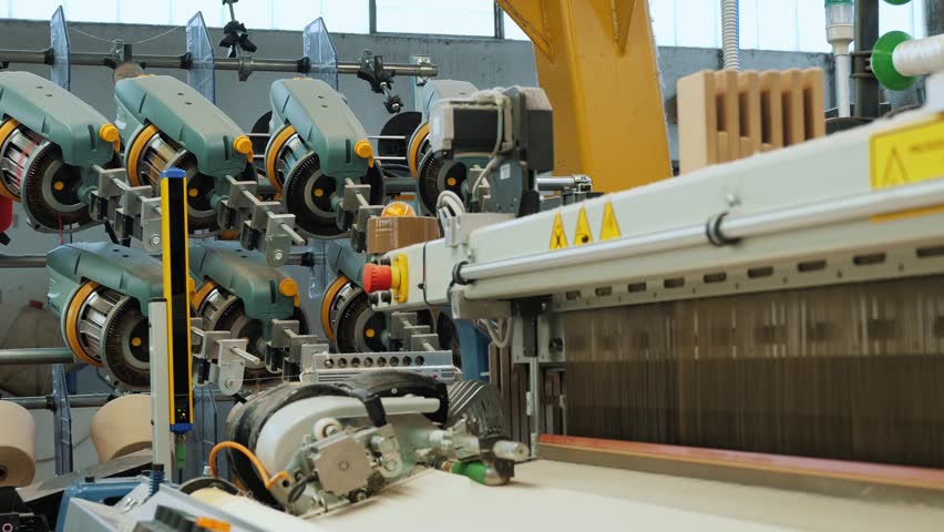 weaving looms. weaving factory. textile industry. Close-up. Automated weaving machine is fabricating cloth of threads. Textile factory equipment. fabric production.