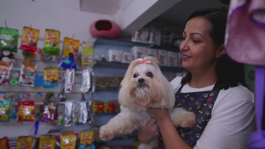 Happy Pet Shop female owner giving Dog back to client after grooming service Royalty-Free Stock Footage #1109743757