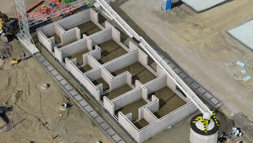 A construction evolution in fast forward: Watch as a home takes shape with concrete layers through 3D printing technology. Royalty-Free Stock Footage #1109744621
