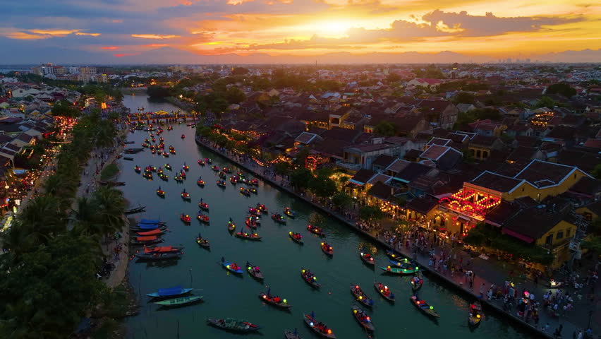 Hoi An ancient town by Thu Bon River in Vietnam at night. UNESCO world heritage, at Quang Nam province. Vietnam. Hoi An is one of the most popular destinations in Vietnam