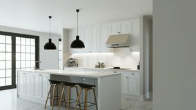 White kitchen interior with island, kitchen appliances and lighting. Kitchen with large refrigerator and bar stools. Spacious kitchen. 3D animation. 3D Illustration - Powered by Shutterstock - Get 15% off with code: PIKWIZARD15