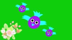 Green screen effect of birds flying in front of flowers.  suitable for video editing material.