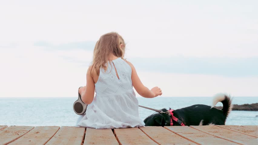 Child girl and dog near the sea spend time together. Friendship pet therapy for children