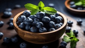 Fresh blueberries in a wooden bowl garnished with aromatic herbs footage for background