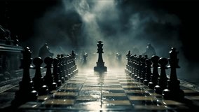 Chess pieces in a misty setting represent strategic business concepts footage for background