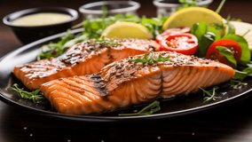 A delicious combination Grilled salmon fillet and fresh sesame salad footage for background