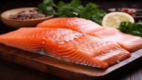 Close up Raw salmon fillets on a natural, wooden table setting footage for background
