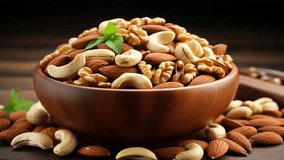 Nutty harmony A variety of nuts in a rustic wooden bowl footage for background