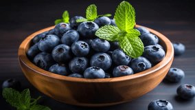 Herb adorned wooden bowl overflows with vibrant, fresh picked blueberries footage for background