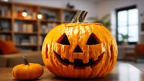 A spooky Halloween pumpkin takes center stage in a living room footage for background