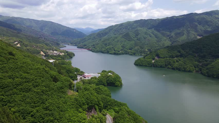 Drone footage of Japanese landscape, Lake Kusaki, Midori City, Gunma Prefecture