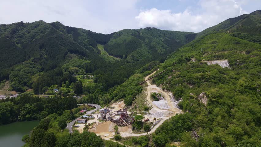 Drone footage of Japanese landscape, Lake Kusaki, Midori City, Gunma Prefecture