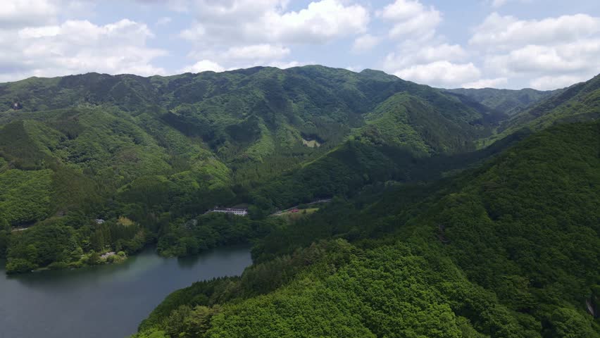 Drone footage of Japanese landscape, Lake Kusaki, Midori City, Gunma Prefecture