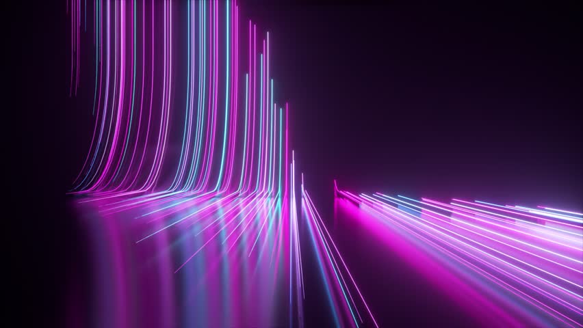 Abstract black background with pink blue neon lines go up and disappear. 3D animation. 3D Illustration
