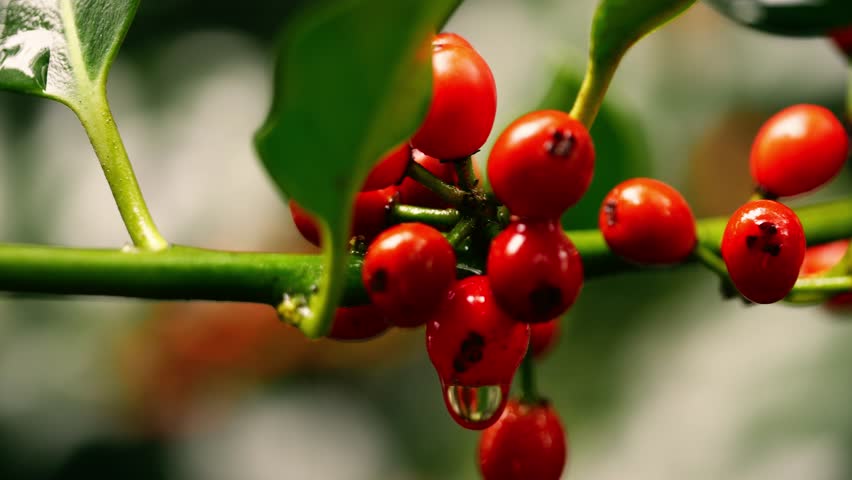 Red berries grow on Holly tree close up macro 4k shot selective focus