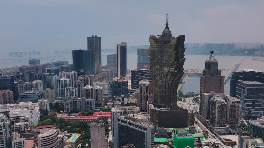 Panorama Of The Whole Of Macau With Large Buildings, Aerial View