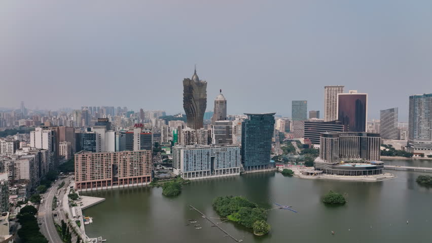 Panorama Of The Whole Of Macau With Large Buildings, Aerial View