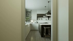 Beautiful bright kitchen in a new luxury house in a traditional style. Features a wood island, white stone countertops, cabinets and wood floors with kitchen appliances. 3D animation. 3D Illustration - Powered by Shutterstock - Get 15% off with code: PIKWIZARD15