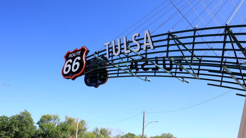 Sunny view of the Tulsa Route 66 Sign at Oklahoma