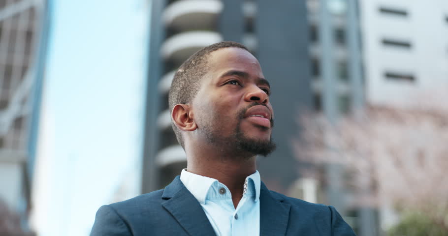Black man, business thinking and city with entrepreneur, morning and work commute with travel outdoor. Male professional, inspiration and vision with employee, worker and town with confidence of job Royalty-Free Stock Footage #1109770899