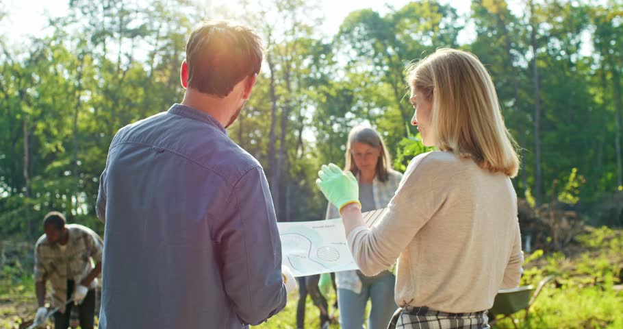 Back view of two young Caucasian focused people discussing and holding plan of forest territory. Older cute woman approaching and helping. Forestation work. Volunteers. Planting trees. Environment.