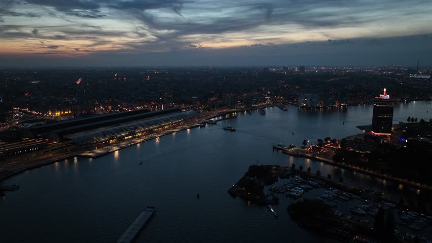 Amsterdam, The Netherlands, night time aerial.