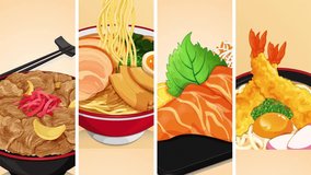 Japanese street food restaurant motion shot. Japanese food menu illustration video. Popular japanese food. (Gyudon, Ramen, Salmon, Tempura Udon)  Asian food illustration motion graphic.