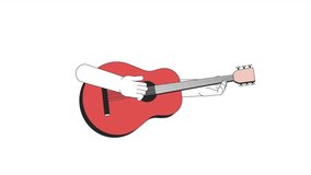 Hands playing guitar acoustic line 2D character hands animation. Chords perform flat color cartoon 4K video, alpha channel. Learning musical instrument animated person body part on white background