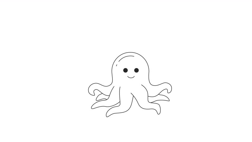 Smiling octopi with curly tentacles bw 2D character animation. Underwater sea creature outline cartoon 4K video, alpha channel. Floating in water animated animal isolated on white background