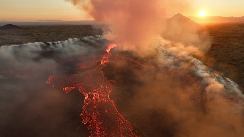 Volcano eruption, red hot burning lava erupts from ground, drone fly over active volcanic crater. Litli Hrutur Eruption 2023, Iceland. Royalty-Free Stock Footage #1109775973
