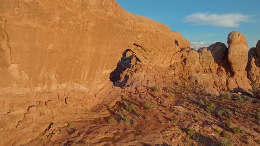 Sandstone Rocks Revealed Towering Pinnacles At Arches National Park In Utah, United States. Aerial Drone Shot