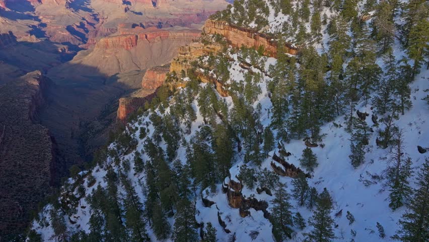 Breathtaking Sights With Snow-Covered Forest On Grand Canyon National Park In Arizona, United States. Aerial Drone Shot
