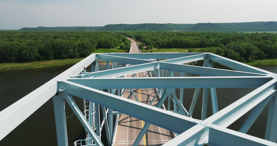 Fly Over Truss Bridge Of Wabasha–Nelson Bridge In Wabasha, Minnesota, United States. Aerial Drone Shot